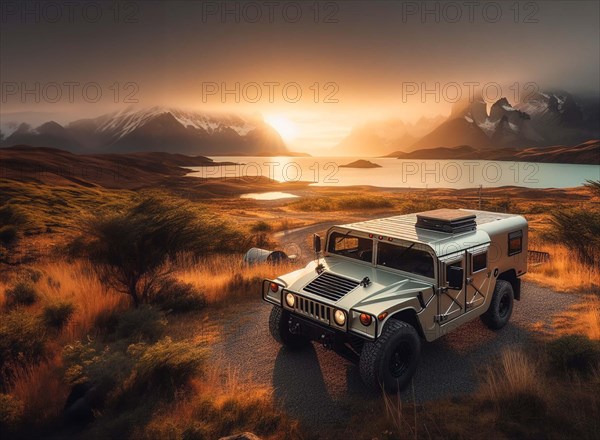 Off-road vehicle on a dirt path by a mountain lake during golden hour, ai generated, AI generated