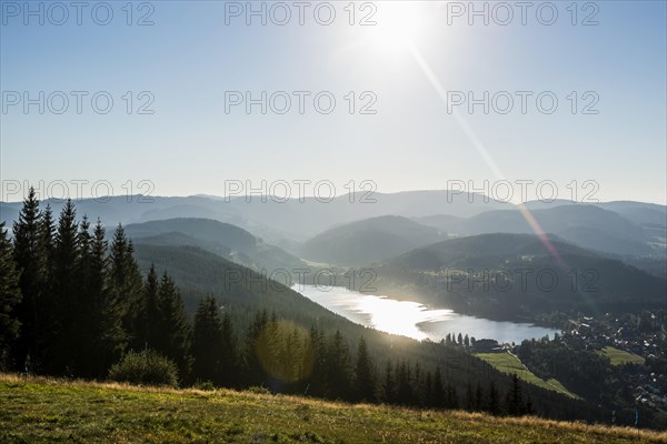 View from Hochfirst to Titisee and Feldberg, sunset, near Neustadt, Black Forest, Baden-Wuerttemberg, Germany, Europe