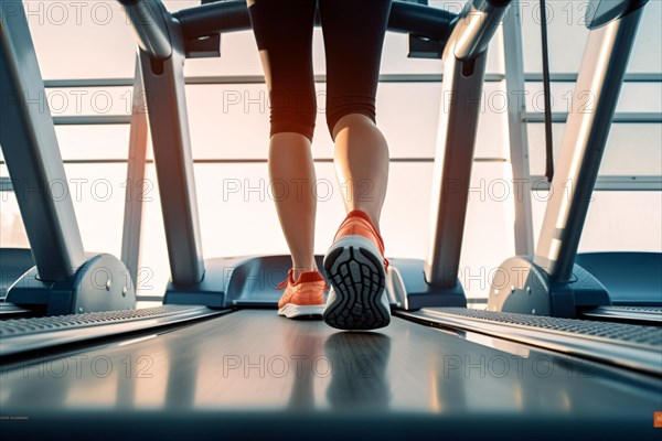 Back view of woman's legs on tread mill it fitness studio. KI generiert, generiert AI generated