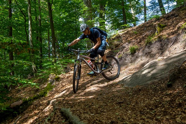 Mountain biker negotiates a tight hairpin bend in the Pfaelzerwald mountain bike park near Dahn