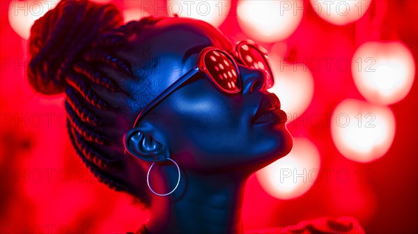 Woman with mirrored large glasses, in a playful mood, surrounded by neon lights in a disco, AI generated, AI generated