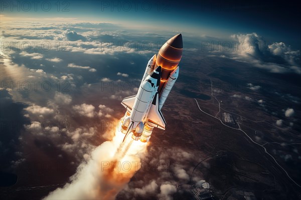 Aerial view of a rocket shuttle carrier launch at sunrise over an ocean coast. The rocket is blasting off with a trail of smoke and flames behind it, AI generated