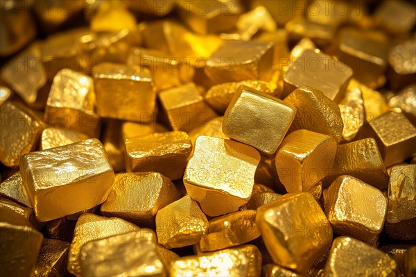 Pile of shiny glittering golden nuggets close up, AI generated