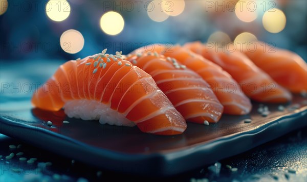 Salmon sushi on a blue plate with bokeh background AI generated