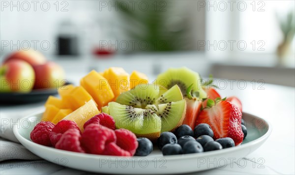 Plate with fresh fruits on table in room. Healthy eating concept AI generated