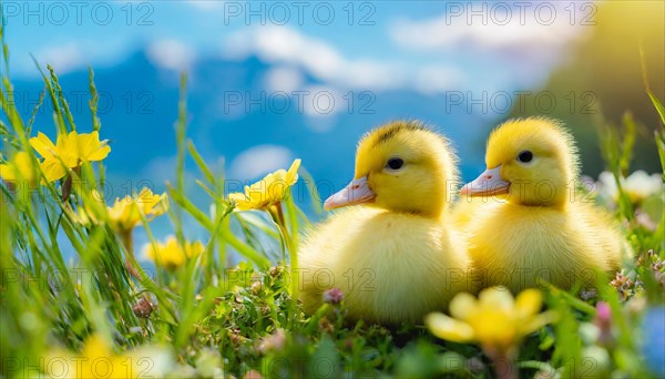 KI generated, animal, animals, bird, birds, biotope, habitat, one, single animal, foraging, wildlife, duck, ducks, domestic duck, female, (Anas platyrhynchos) white, white, yellow ducklings, young animals, animal children, two, three, four, white duck mother with yellow chicks, excursion, water, meadow, grass, spring, summer, flowers, pond, swimming, sitting, farm animal, domestic animal