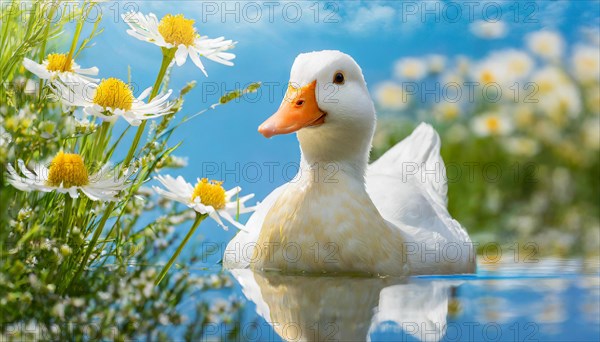 AI generated, animal, animals, bird, birds, biotope, habitat, one, individual, foraging, wildlife, goose, domestic goose, domestic geese, (Anser anser), female, gosling, gosling, yellow gosling, swim, pond, body of water, water, lie, meadow, flowers, summer, two, three, four, pet, domestic animals, farm animal, farm animals