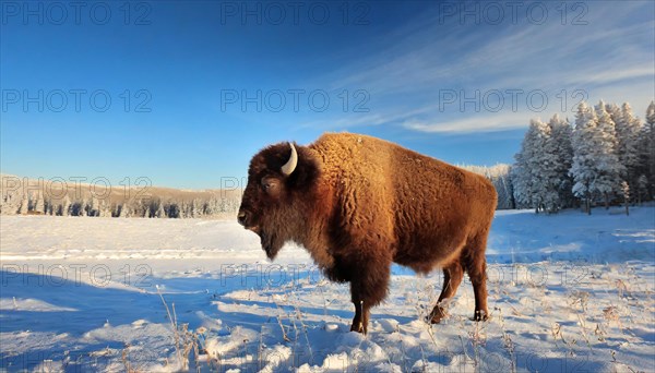 AI generated, animal, animals, mammal, mammals, biotope, habitat, one, individual animal, foraging, wildlife, bison, North America, buffalo, wild cattle, (Bison bonasus), winter, ice, snow, winter landscape