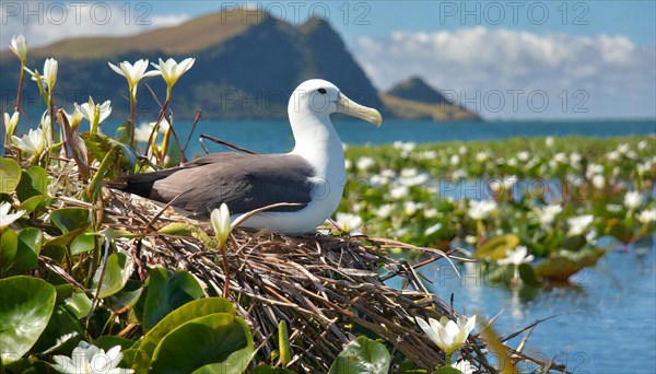 Ai generated, animal, animals, bird, birds, biotope, habitat, a, individual, swims, waters, reeds, water lilies, blue sky, foraging, wildlife, summer, seasons, albatross, (Diomedea exulans), wandering albatross, southern hemisphere, oceans, South Georgia, Falkland, tube-nosed, breeds, ground, nest