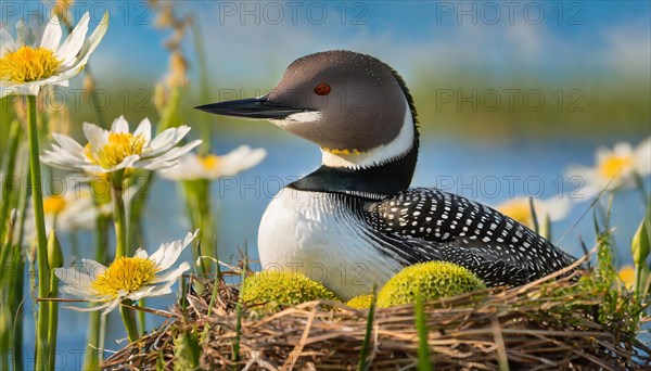 Ai generated, animal, animals, bird, birds, biotope, habitat, a, individual, swims, waters, breeds, nest, reeds, water lilies, blue sky, foraging, wildlife, summer, seasons, loon, (Gavia immer), tundra, Greenland, Iceland, Canada, loon, winters on the coasts of Europe, North America