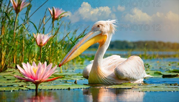 Ai generated, animal, animals, bird, birds, biotope, habitat, one, individual, swims, waters, reeds, water lilies, blue sky, foraging, wildlife, summer, seasons, dalmatian pelican (Pelecanus crispus)