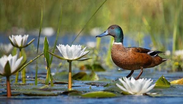 Ai generated, animal, animals, bird, birds, biotope, habitat, a, individual, swims, water, reeds, water lilies, blue sky, foraging, wildlife, summer, seasons, northern shoveler (Spatula clypeata), male, drake