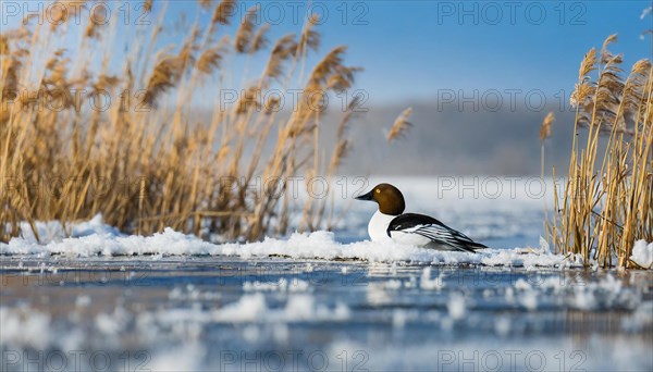 Ai generated, animal, animals, bird, birds, biotope, habitat, a, individual, swims, water, reeds, water lilies, blue sky, foraging, wildlife, summer, seasons, goldeneye