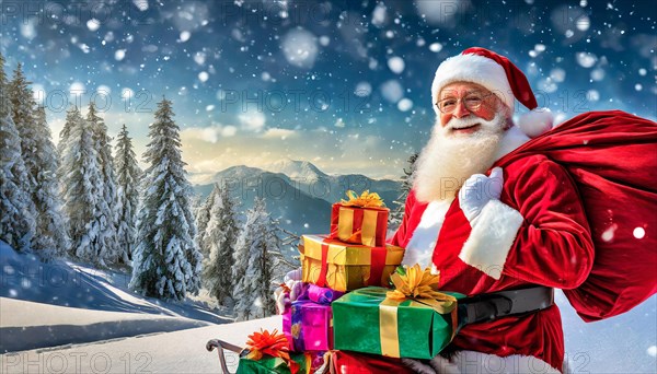 AI generated, man, 70+, Father Christmas, red coat, backpack, full beard, winter, snow, ice, fir trees, snowy, snowflakes, winter landscape, Christmas hat, costume, clothes, colourful, colourful presents, packages, nice teeth, smiles, friendly, Christmas, evening, night shot, winter forest, sleigh