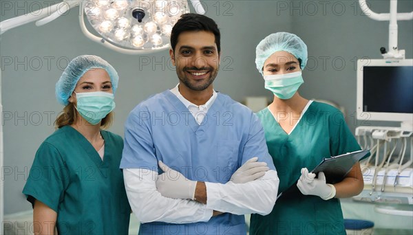 AI generated, RF, woman, woman, man, doctor, doctor team, team, 30, years, attractive, attractive, doctor's office, operating theatre, operating room, examination, prevention, health, blond, blonde, blonde, beautiful teeth, long hair, beard bearer, three people, two. woman, one doctor, AI generated