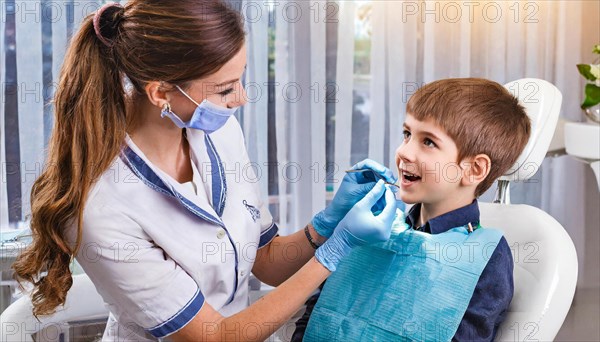 AI generated, dentist treats little boy, dentist, blonde, 30, 35, years, dental treatment, follow-up, AI generated