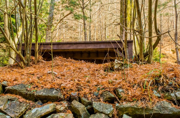 Bottom view of Korean style picnic table in wilderness public park in South Korea