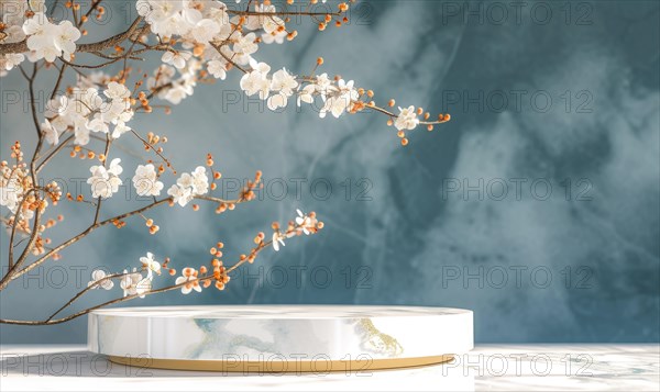 White marble podium with cherry blossom branch on blue background AI generated