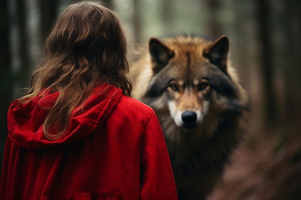 Back view of girl or young woman in red riding hood with blurry wolf in forest in background. KI generiert, generiert AI generated