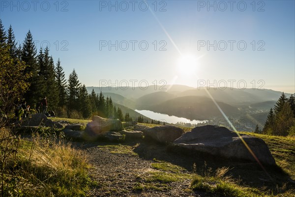 View from Hochfirst to Titisee and Feldberg, sunset, near Neustadt, Black Forest, Baden-Wuerttemberg, Germany, Europe