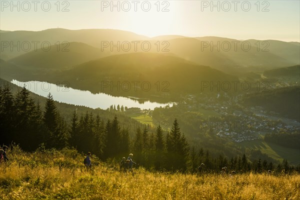 View from Hochfirst to Titisee and Feldberg, sunset, near Neustadt, Black Forest, Baden-Wuerttemberg, Germany, Europe