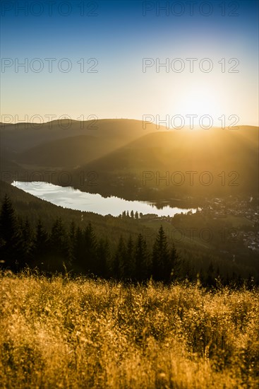 View from Hochfirst to Titisee and Feldberg, sunset, near Neustadt, Black Forest, Baden-Wuerttemberg, Germany, Europe