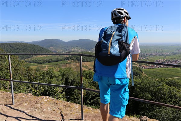 Mountain bikers on the viewing platform of the Neukastel castle ruins above Leinsweiler, Suedliche Weinstrasse district, Rhineland-Palatinate