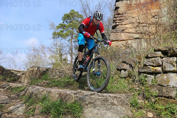 Mountain biker in difficult terrain in the Palatinate Forest near Wolfsburg