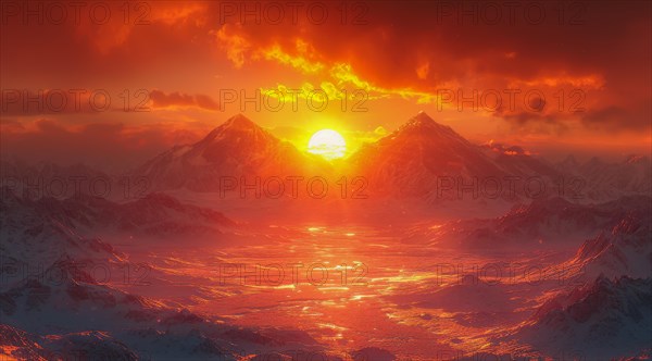 Fiery sunset over snow-covered mountains with a dramatic red and orange sky, ai generated, AI generated