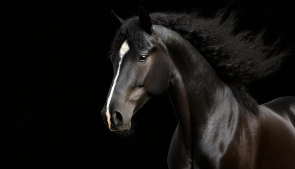 Brown horse with white blaze and long black mane, studio shot in front of black background, AI generated, AI generated