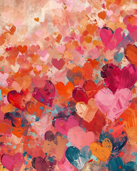 A vibrant abstract painting featuring various shades of red and pink hearts against a soft textured background. Perfect for themes of love, romance, and Valentine s Day, AI generated