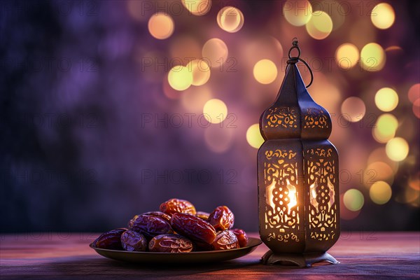Ramadan lantern to a plate of succulent figs in violet purple tones, set on an ornate table with intricate designs. Rich traditions and serene moments of the holy month Ramadan, AI generated