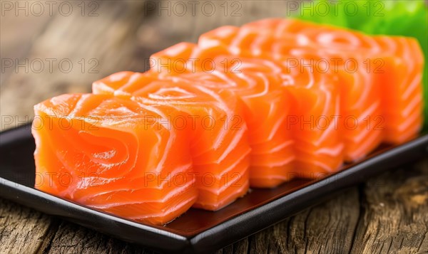 Raw fresh salmon sashimi served on black plate, Japanese food style AI generated