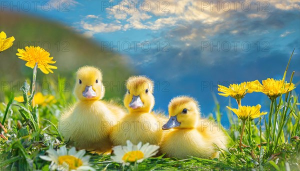 KI generated, animal, animals, bird, birds, biotope, habitat, one, single animal, foraging, wildlife, duck, ducks, domestic duck, female, (Anas platyrhynchos) white, white, yellow ducklings, young animals, animal children, two, three, four, white duck mother with yellow chicks, excursion, water, meadow, grass, spring, summer, flowers, pond, swimming, sitting, farm animal, domestic animal