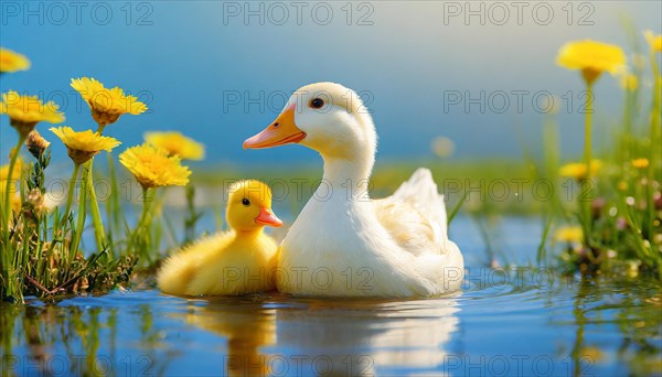 KI generated, animal, animals, bird, birds, biotope, habitat, one, single animal, foraging, wildlife, duck, ducks, domestic duck, female, (Anas platyrhynchos) white, white, yellow ducklings, young animals, animal children, two, three, four, white duck mother with yellow chicks, excursion, water, meadow, grass, spring, summer, flowers, pond, swimming, sitting, farm animal, domestic animal