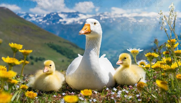 AI generated, animal, animals, bird, birds, biotope, habitat, one, individual, foraging, wildlife, goose, domestic goose, domestic geese, (Anser anser), female, gosling, gosling, yellow gosling, swim, pond, body of water, water, lie, meadow, flowers, summer, two, three, four, pet, domestic animals, farm animal, farm animals