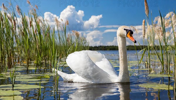 Ai generated, animal, animals, bird, birds, biotope, habitat, one, individual, swims, waters, reeds, water lilies, blue sky, foraging, wildlife, white, white swan, swans, mute swan (Cygnus olor), summer, seasons, sideways