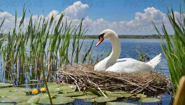 Ai generated, animal, animals, bird, birds, biotope, habitat, a, individual, water, reed, water lilies, blue sky, foraging, wildlife, white, white swan, swans, mute swan (Cygnus olor), summer, seasons, sideways