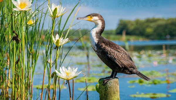 Ai generated, animal, animals, bird, birds, biotope, habitat, a, single animal, stands on pole, waters, reeds, water lilies, blue sky, foraging, wildlife, summer, seasons, great cormorant (Phalacrocorax carbo)