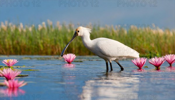 Ai generated, animal, animals, bird, birds, biotope, habitat, a, individual, swims, waters, reeds, water lilies, blue sky, foraging, wildlife, summer, seasons, spoonbill, (Platalea leucordia), spoonbill