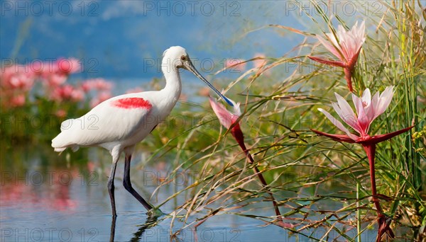 Ai generated, animal, animals, bird, birds, biotope, habitat, a, individual, swims, waters, reeds, water lilies, blue sky, foraging, wildlife, summer, seasons, spoonbill, (Platalea leucordia), spoonbill