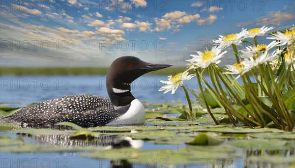 Ai generated, animal, animals, bird, birds, biotope, habitat, a, individual, swims, waters, breeds, nest, reeds, water lilies, blue sky, foraging, wildlife, summer, seasons, loon, (Gavia immer), tundra, Greenland, Iceland, Canada, loon, winters on the coasts of Europe, North America