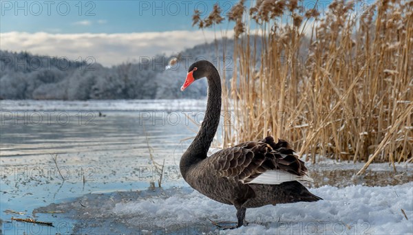 KI generated, animal, animals, bird, birds, biotope, habitat, one, individual, water, reed, blue sky, foraging, wildlife, summer, seasons, black swan (Cygnus atratus), Black Swan, snow, ice, winter