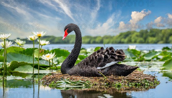 KI generated, animal, animals, bird, birds, biotope, habitat, one, individual, water, reed, blue sky, foraging, wildlife, summer, seasons, black swan (Cygnus atratus), Black Swan, snow, ice, winter