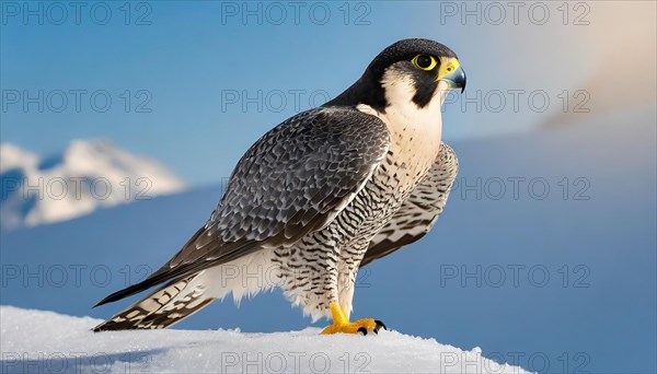 KI generated, animal, animals, bird, birds, biotope, habitat, one, individual, stands, snow, ice, winter perch, summer, peregrine falcon (Falco peregrinus) blue sky