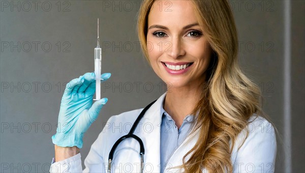 AI generated, RF, woman, woman, doctor, female doctor, 25, 30, years, attractive, attractive, doctor's office, holds a syringe in her hand, disposable syringe, flu shot, corona, pneumococcal, prevention, health, blonde, blonde, beautiful teeth, long hair