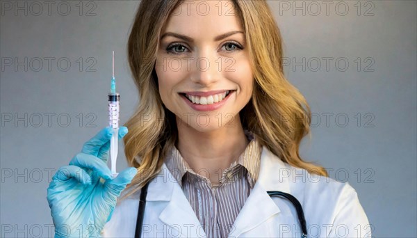 AI generated, RF, woman, woman, doctor, female doctor, 25, 30, years, attractive, attractive, doctor's office, holds a syringe in her hand, disposable syringe, flu shot, corona, pneumococcal, prevention, health, blonde, blonde, beautiful teeth, long hair