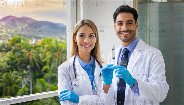 Ai generated, RF, woman, woman, man, men, doctor, female doctor, two, 30-35, years, attractive, attractive, doctor's office, holds a syringe in her hand, disposable syringe, flu shot, corona, pneumococcal, prevention, health, blond, blonde, blonde, beautiful teeth, long hair, two people
