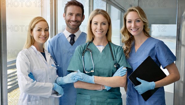 Ai generated, RF, woman, woman, man, men, doctor, female doctor, 25, 30, years, attractive, attractive, doctor's office, holding an x-ray, precaution, health, blond, blonde, blonde, beautiful teeth, long hair, rounds, four, people, bearded, two men, two woman