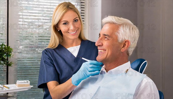 AI generated, dentist treats an attractive older man, senior, seniors, 65, dentist, blonde, 30, 35, years, dental treatment, follow-up, AI generated